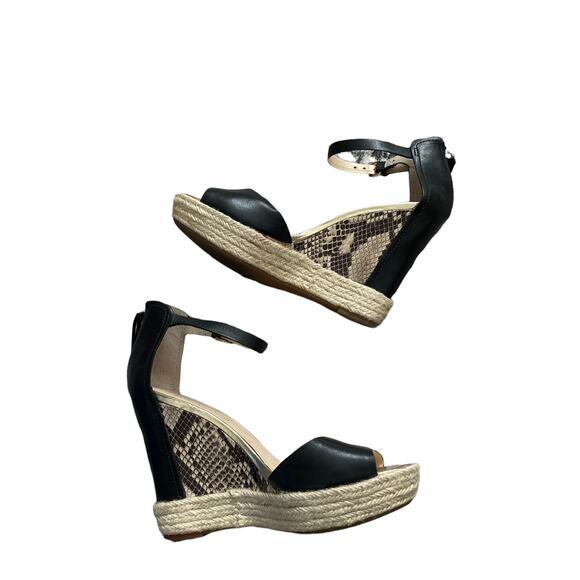 Enzo Angiolini Wedges Leather Snakeskin Reptile Women's 9 Black Gold Comfort - Picture 1 of 7